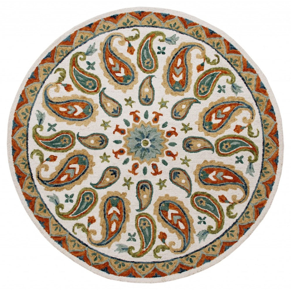 HomeRoots 7' Vibrant Orange and White Paisley Area Rug - Hand-Hooked Wool Blend, Boho-Chic Style for Any Room 7' Round 396260