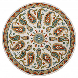 Homeroots 7' Round Orange And White Paisley Area Rug  Wool 396260