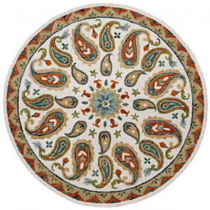 HomeRoots 7' Vibrant Orange and White Paisley Area Rug - Hand-Hooked Wool Blend, Boho-Chic Style for Any Room 7' Round 396260