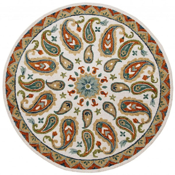 HomeRoots 7' Vibrant Orange and White Paisley Area Rug - Hand-Hooked Wool Blend, Boho-Chic Style for Any Room 7' Round 396260