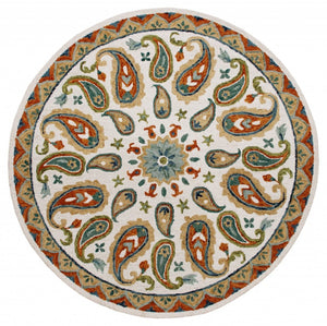 HomeRoots 7' Vibrant Orange and White Paisley Area Rug - Hand-Hooked Wool Blend, Boho-Chic Style for Any Room 7' Round 396260