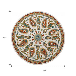 HomeRoots 7' Vibrant Orange and White Paisley Area Rug - Hand-Hooked Wool Blend, Boho-Chic Style for Any Room 7' Round 396260