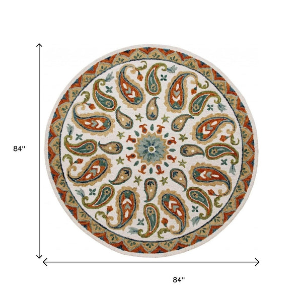 HomeRoots 7' Vibrant Orange and White Paisley Area Rug - Hand-Hooked Wool Blend, Boho-Chic Style for Any Room 7' Round 396260