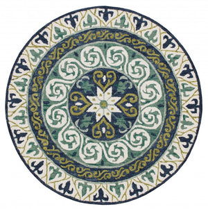 HomeRoots 5' Ornate Medallion Area Rug in Calming Blues and Greens - Timeless Elegance for Your Space 5' Round 396263