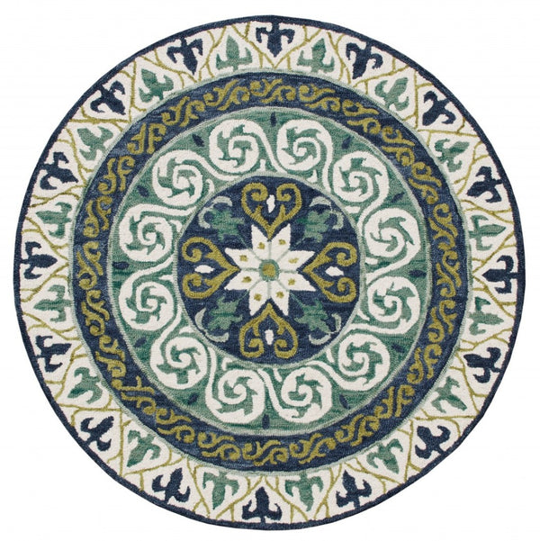 HomeRoots 5' Ornate Medallion Area Rug in Calming Blues and Greens - Timeless Elegance for Your Space 5' Round 396263