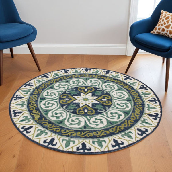 HomeRoots 5' Ornate Medallion Area Rug in Calming Blues and Greens - Timeless Elegance for Your Space 5' Round 396263