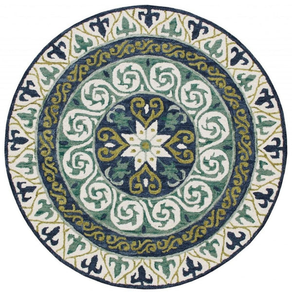 HomeRoots 5' Ornate Medallion Area Rug in Calming Blues and Greens - Timeless Elegance for Your Space 5' Round 396263