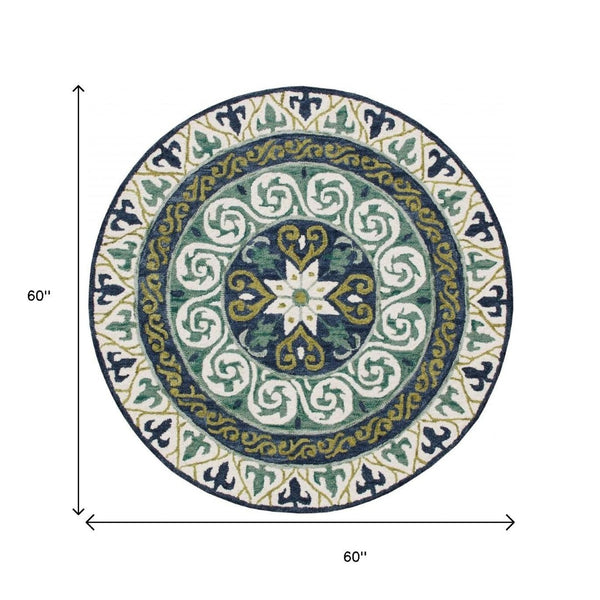 HomeRoots 5' Ornate Medallion Area Rug in Calming Blues and Greens - Timeless Elegance for Your Space 5' Round 396263