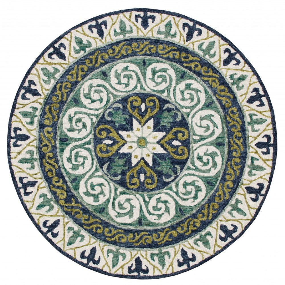 HomeRoots 7' Ornate Medallion Area Rug in Calming Blue and Green Tones for Elegant Home Décor and Style 7' Round 396264