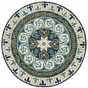 HomeRoots 7' Ornate Medallion Area Rug in Calming Blue and Green Tones for Elegant Home Décor and Style 7' Round 396264