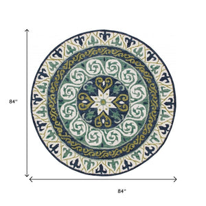 HomeRoots 7' Ornate Medallion Area Rug in Calming Blue and Green Tones for Elegant Home Décor and Style 7' Round 396264