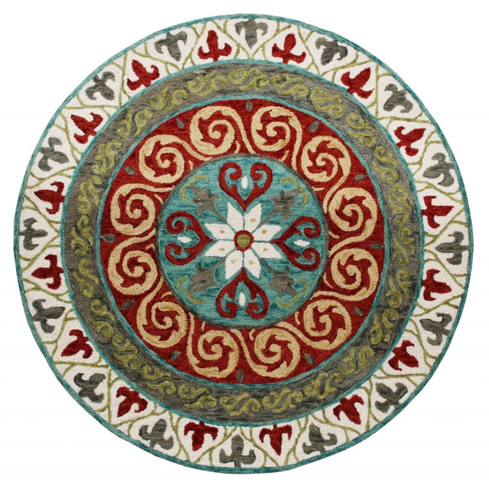 HomeRoots 5' Medallion Area Rug in Rich Cherry Red and Soft Sage - Handcrafted Wool-Viscose Blend Design 5' Round 396265