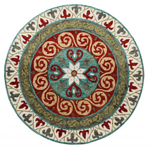 HomeRoots 5' Medallion Area Rug in Rich Cherry Red and Soft Sage - Handcrafted Wool-Viscose Blend Design 5' Round 396265