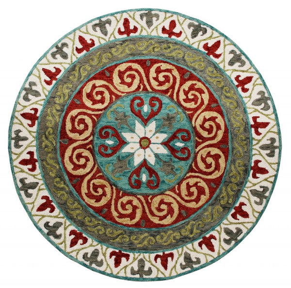 HomeRoots 5' Medallion Area Rug in Rich Cherry Red and Soft Sage - Handcrafted Wool-Viscose Blend Design 5' Round 396265