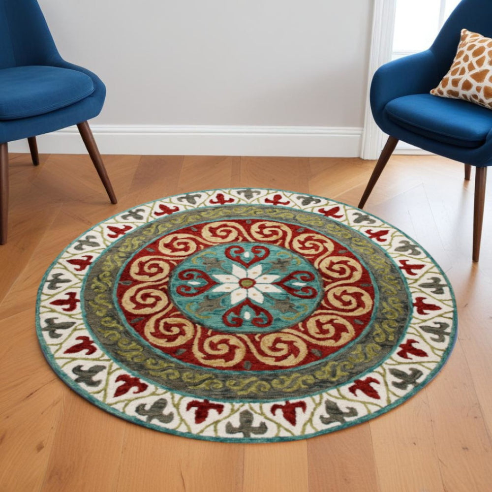 HomeRoots 5' Medallion Area Rug in Rich Cherry Red and Soft Sage - Handcrafted Wool-Viscose Blend Design 5' Round 396265