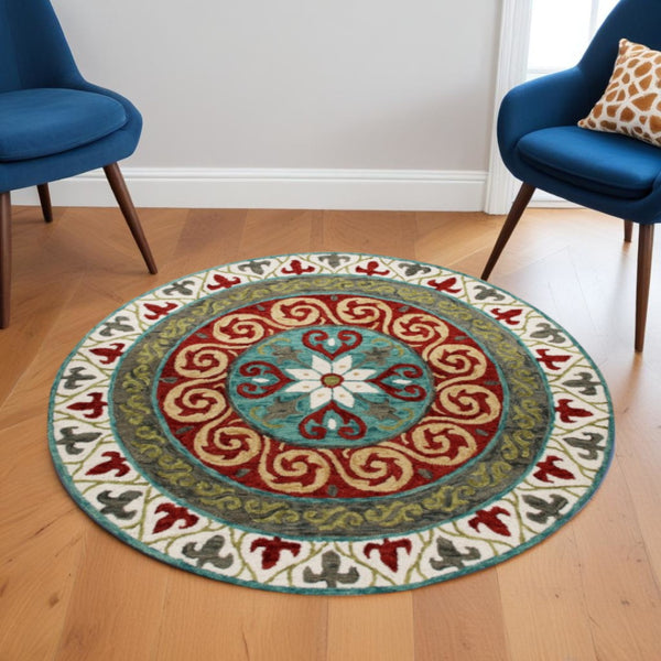 HomeRoots 5' Medallion Area Rug in Rich Cherry Red and Soft Sage - Handcrafted Wool-Viscose Blend Design 5' Round 396265
