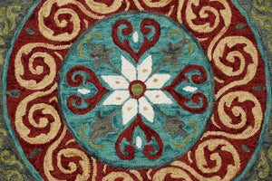 HomeRoots 5' Medallion Area Rug in Rich Cherry Red and Soft Sage - Handcrafted Wool-Viscose Blend Design 5' Round 396265