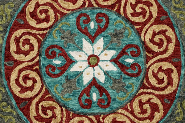 HomeRoots 5' Medallion Area Rug in Rich Cherry Red and Soft Sage - Handcrafted Wool-Viscose Blend Design 5' Round 396265