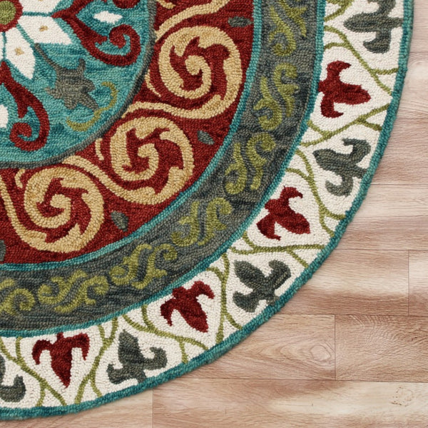 HomeRoots 5' Medallion Area Rug in Rich Cherry Red and Soft Sage - Handcrafted Wool-Viscose Blend Design 5' Round 396265