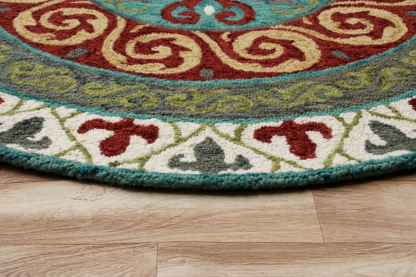 HomeRoots 5' Medallion Area Rug in Rich Cherry Red and Soft Sage - Handcrafted Wool-Viscose Blend Design 5' Round 396265