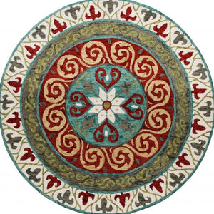 HomeRoots 5' Medallion Area Rug in Rich Cherry Red and Soft Sage - Handcrafted Wool-Viscose Blend Design 5' Round 396265