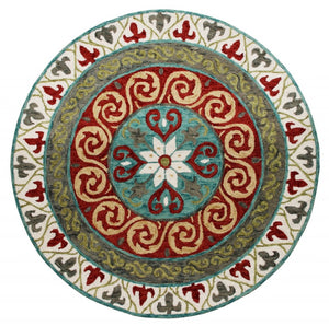 HomeRoots 5' Medallion Area Rug in Rich Cherry Red and Soft Sage - Handcrafted Wool-Viscose Blend Design 5' Round 396265