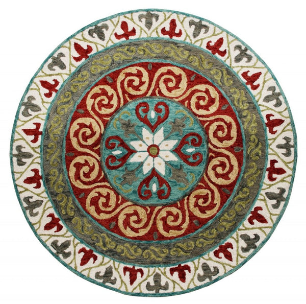 HomeRoots 5' Medallion Area Rug in Rich Cherry Red and Soft Sage - Handcrafted Wool-Viscose Blend Design 5' Round 396265