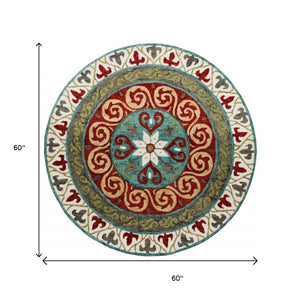 HomeRoots 5' Medallion Area Rug in Rich Cherry Red and Soft Sage - Handcrafted Wool-Viscose Blend Design 5' Round 396265