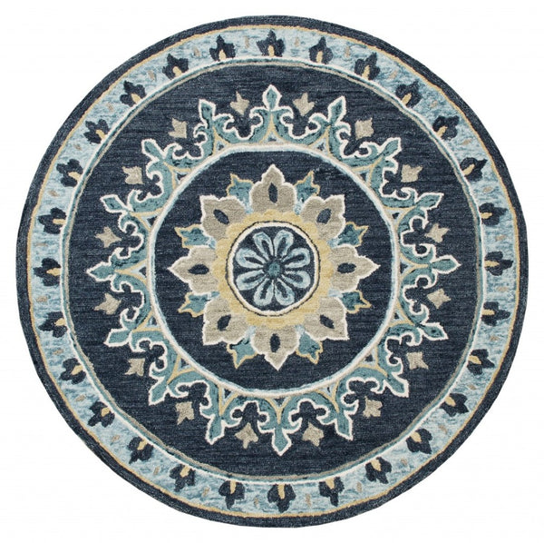 HomeRoots 5' Floral Medallion Area Rug in Soothing Blue Palette – Hand-Hooked Wool-Viscose Blend for Comfort 5' Round 396267