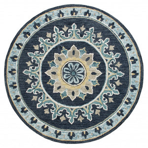 HomeRoots 5' Floral Medallion Area Rug in Soothing Blue Palette – Hand-Hooked Wool-Viscose Blend for Comfort 5' Round 396267