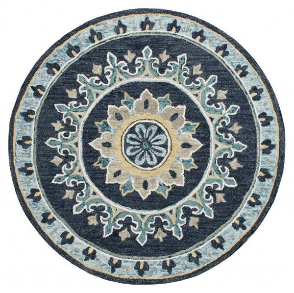 HomeRoots 5' Floral Medallion Area Rug in Soothing Blue Palette – Hand-Hooked Wool-Viscose Blend for Comfort 5' Round 396267