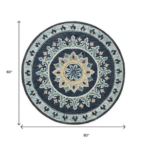 HomeRoots 5' Floral Medallion Area Rug in Soothing Blue Palette – Hand-Hooked Wool-Viscose Blend for Comfort 5' Round 396267