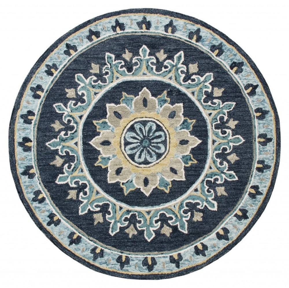 HomeRoots 7' Blue Floral Medallion Area Rug - Timeless Hand-Hooked Design for Elegant Living Spaces and Durability 7' Round 396268