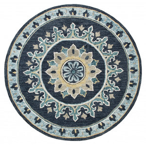 HomeRoots 7' Blue Floral Medallion Area Rug - Timeless Hand-Hooked Design for Elegant Living Spaces and Durability 7' Round 396268