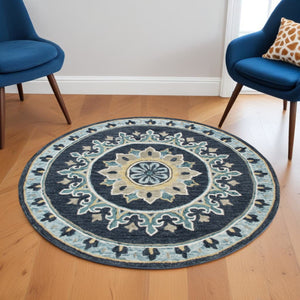 HomeRoots 7' Blue Floral Medallion Area Rug - Timeless Hand-Hooked Design for Elegant Living Spaces and Durability 7' Round 396268