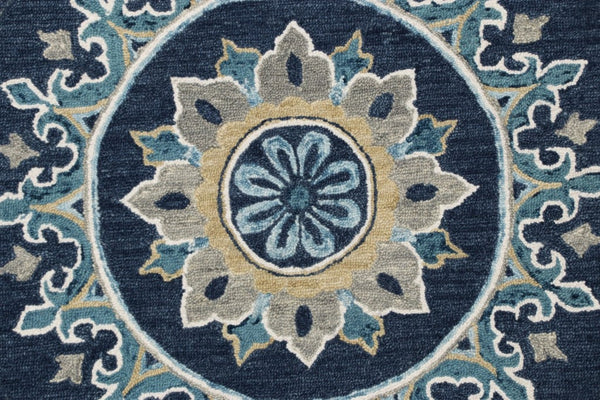 HomeRoots 7' Blue Floral Medallion Area Rug - Timeless Hand-Hooked Design for Elegant Living Spaces and Durability 7' Round 396268