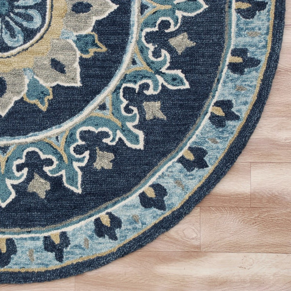 HomeRoots 7' Blue Floral Medallion Area Rug - Timeless Hand-Hooked Design for Elegant Living Spaces and Durability 7' Round 396268