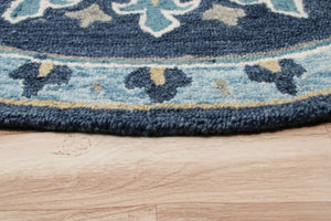 HomeRoots 7' Blue Floral Medallion Area Rug - Timeless Hand-Hooked Design for Elegant Living Spaces and Durability 7' Round 396268