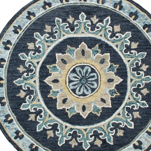 HomeRoots 7' Blue Floral Medallion Area Rug - Timeless Hand-Hooked Design for Elegant Living Spaces and Durability 7' Round 396268