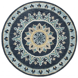 HomeRoots 7' Blue Floral Medallion Area Rug - Timeless Hand-Hooked Design for Elegant Living Spaces and Durability 7' Round 396268