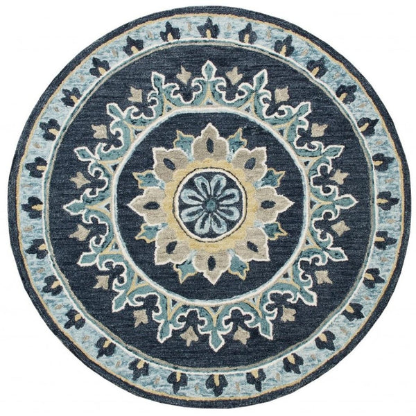 HomeRoots 7' Blue Floral Medallion Area Rug - Timeless Hand-Hooked Design for Elegant Living Spaces and Durability 7' Round 396268
