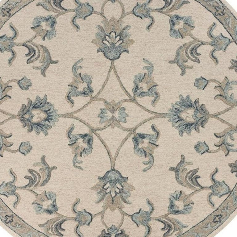 7 Foot Hand Tufted Wool Round Rug Ivory Blue Artisan Pile for Living Room