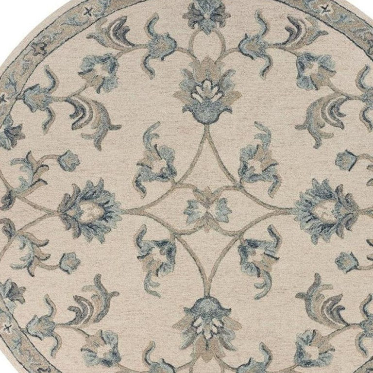7 Foot Hand Tufted Wool Round Rug Ivory Blue Artisan Pile for Living Room