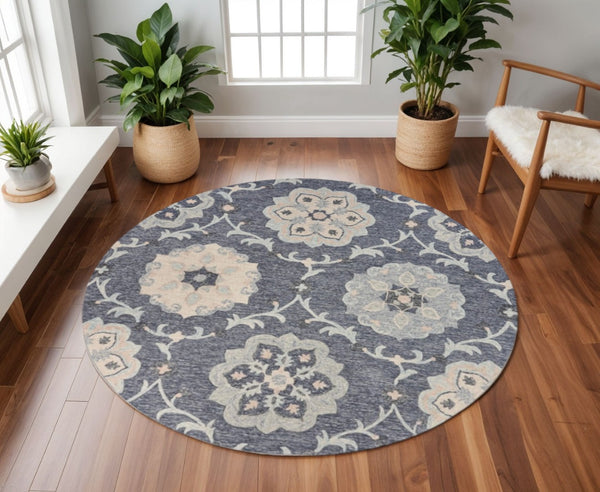 HomeRoots 7' Elegant Blue and Gray Wool Area Rug – Hand-Tufted for Comfort and Timeless Style in Any Home 7' Round Round 396280