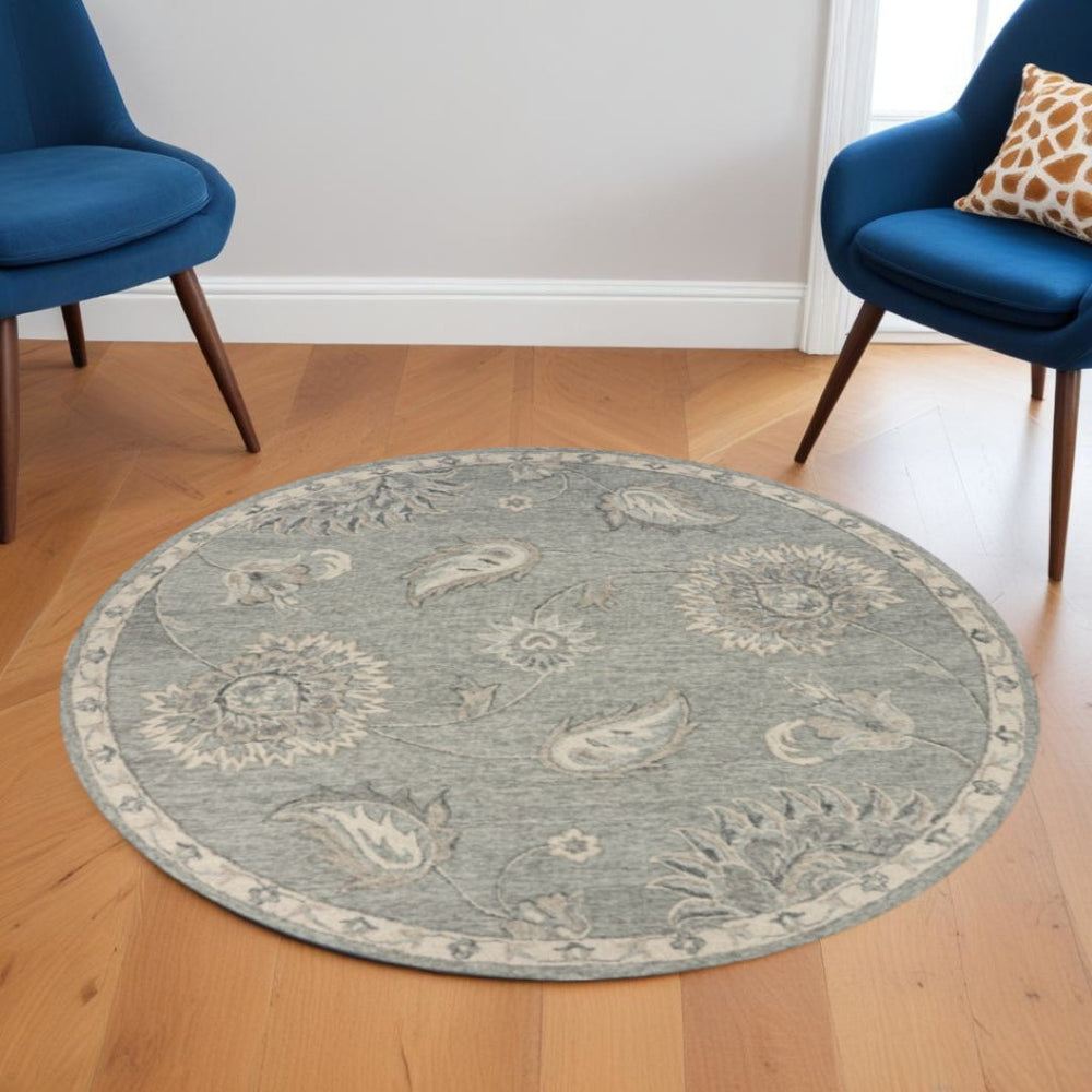 HomeRoots 7' Gray Wool Hand-Tufted Area Rug – Luxurious Soft Pile for Elegant Living Spaces & Timeless Style 7' Round Round 396284