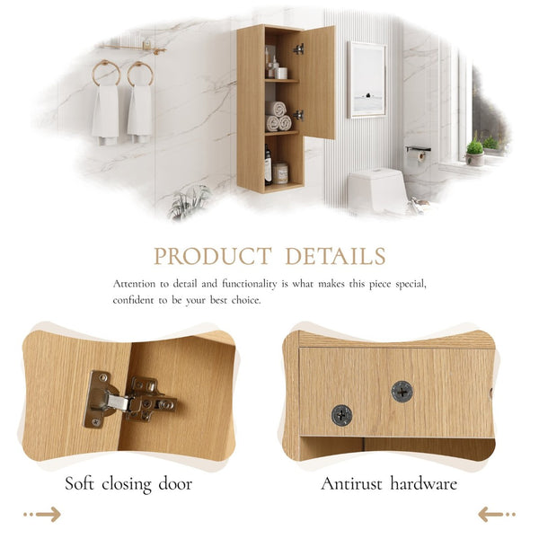 English Elm 12 Inch Oak Wall Mounted Bathroom Cabinet Soft Close Door Engineered Wood Storage W1972P457938