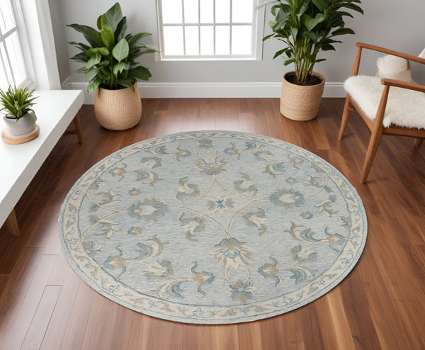 HomeRoots 7' Elegant Blue and Ivory Wool Hand-Tufted Area Rug - Timeless Style for Any Room Decor 7' Round Round 396296
