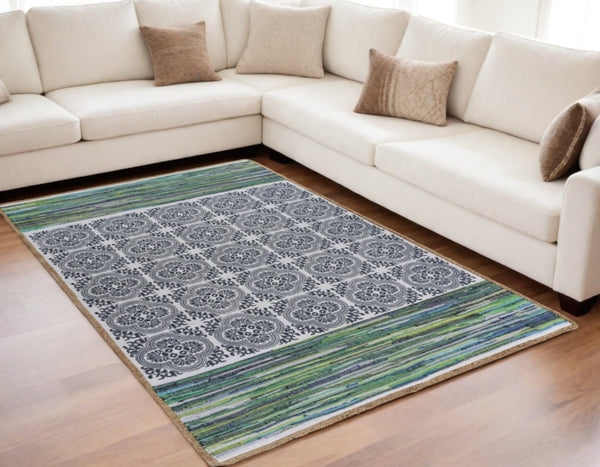 Homeroots 5' X 7' Blue And Green Chindi Area Rug  Cotton 396304