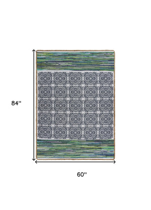Homeroots 5' X 7' Blue And Green Chindi Area Rug  Cotton 396304
