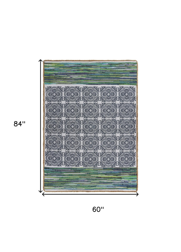 Homeroots 5' X 7' Blue And Green Chindi Area Rug  Cotton 396304